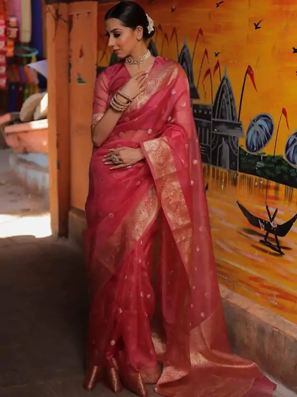 Grand Red Color Organza Jacquard Butti Worked Saree