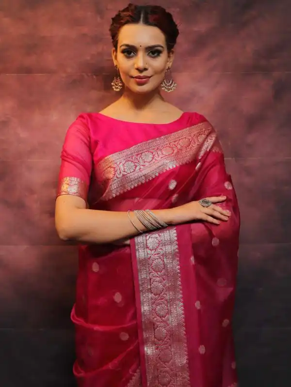 Grand Rose Pink Color Organza Jacquard Butti Worked Saree
