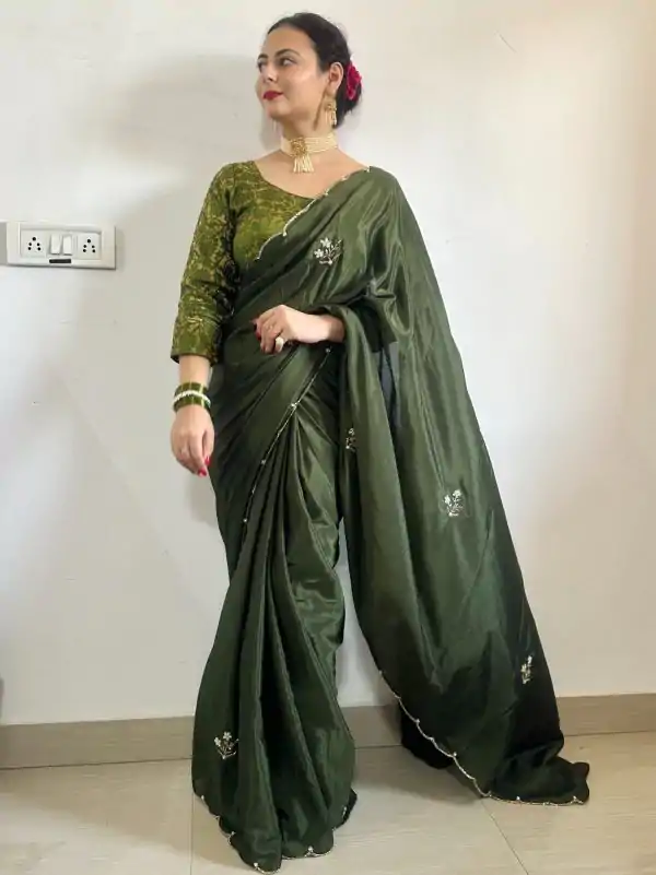 Grand Stone Green Color Soft Chinnon Flower Design Saree
