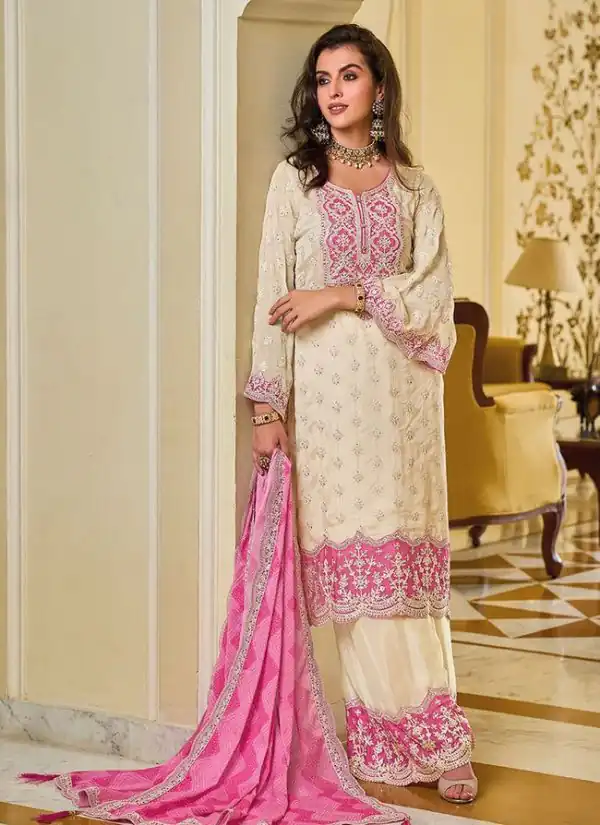 Grand White Color Georgette Chine Sequins Work Salwar Suit
