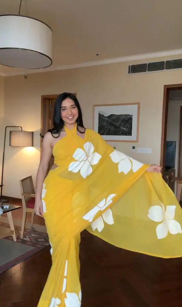 Aglow Yellow Color Pure Soft Georgette Silk Design All Over Saree