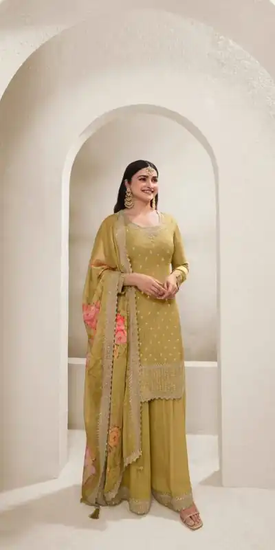 Grand Yellow Viscose Chinon Embroidered Sequence Salwar Suit