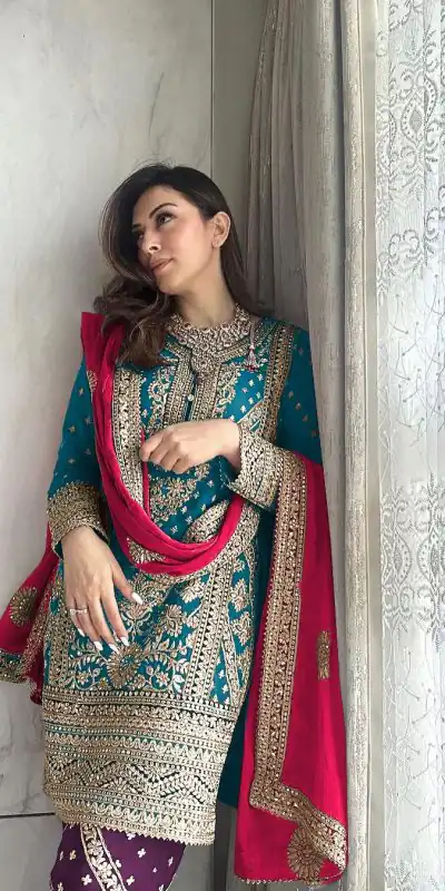 Hansika Motwani Blue Color Georgette Embroidery Salwar Suit