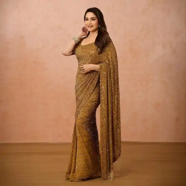 Madhuri DiXit Golden Color Georgette Sequins Embroidery Saree
