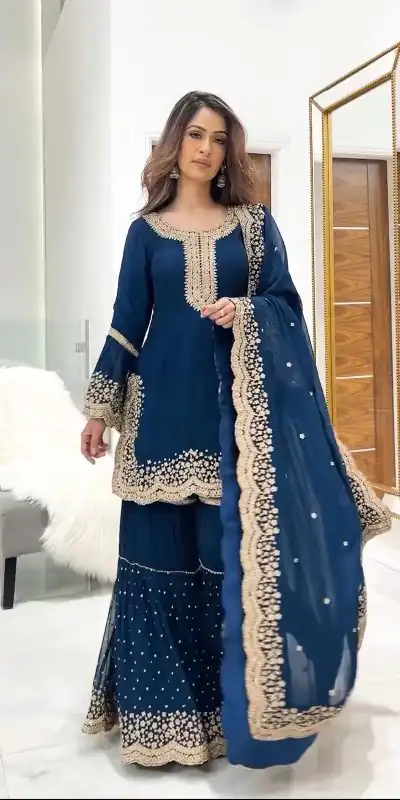 Majestic Blue Color Faux Georgette Embroidery Salwar Suit