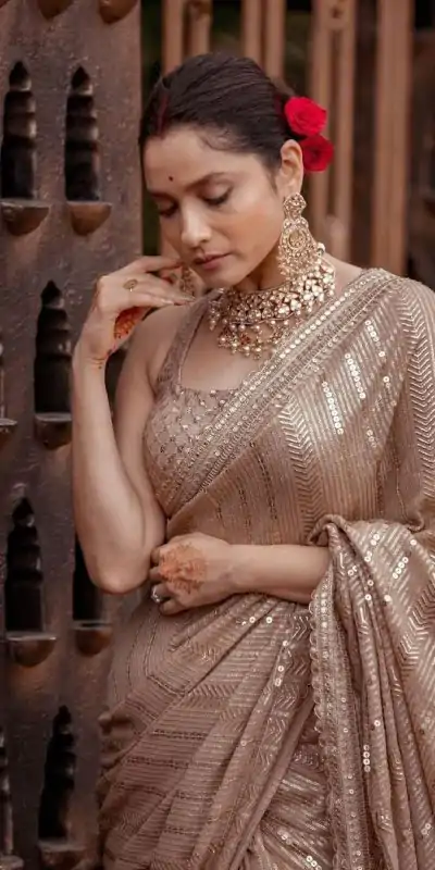 Majestic Chiku Color Georgette Beautiful Embroidery Saree