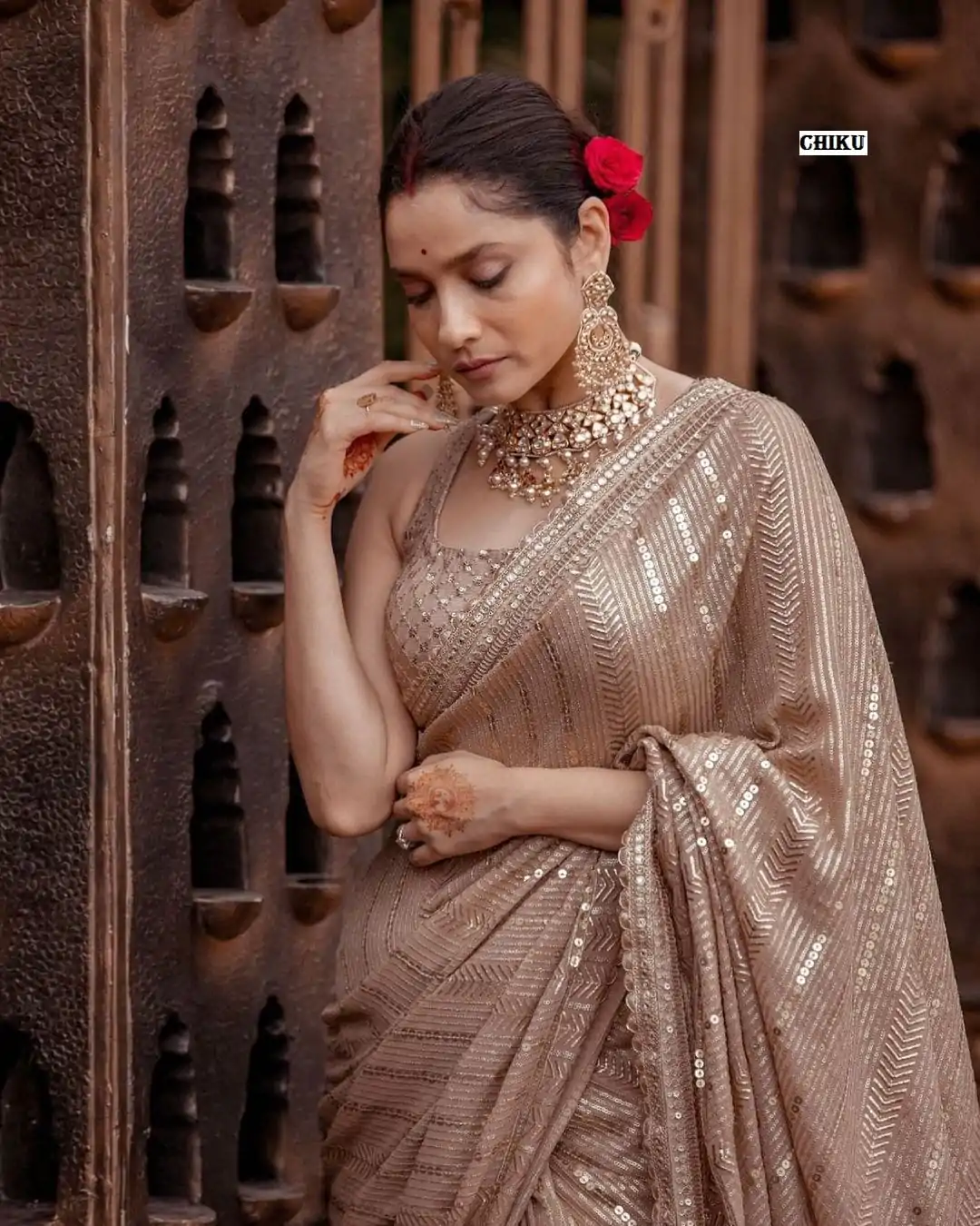 Majestic Chiku Color Georgette Beautiful Embroidery Saree