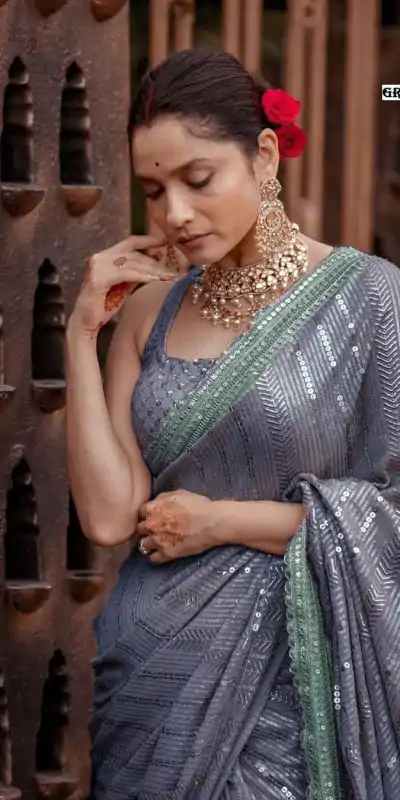 Majestic Grey Color Georgette Beautiful Embroidery Saree
