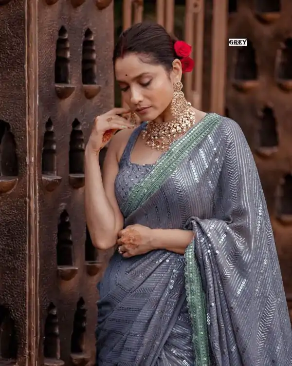 Majestic Grey Color Georgette Beautiful Embroidery Saree