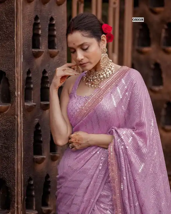 Majestic Onion Color Georgette Beautiful Embroidery Saree