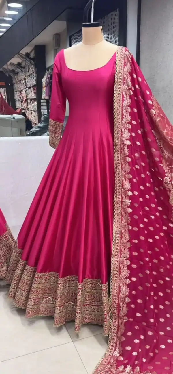 Majestic Pink Color Heavy Chinon Silk Embroidery Sequence Gown