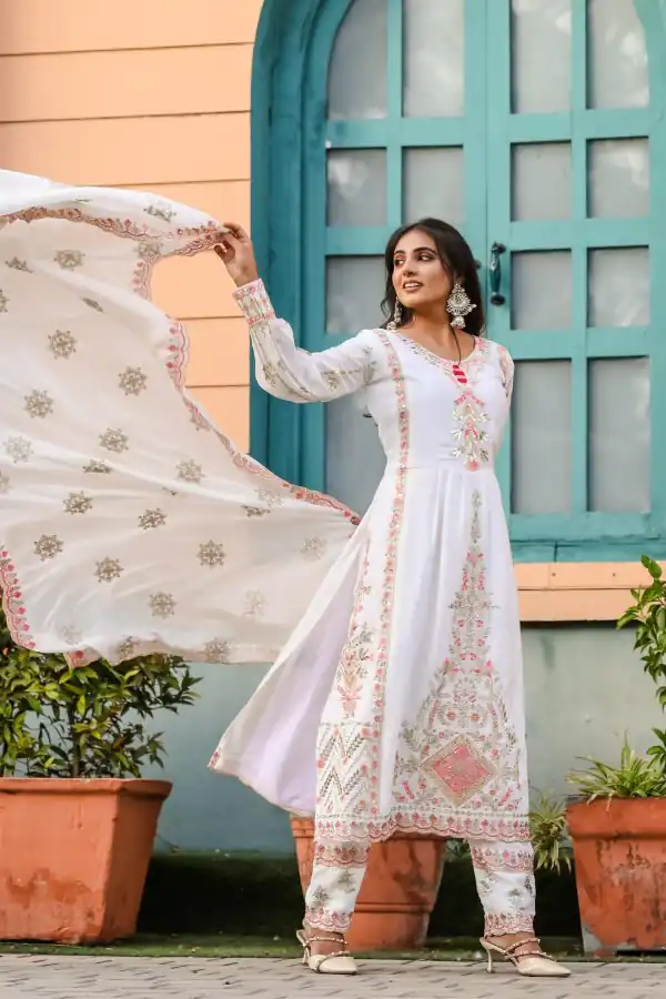 Majestic White Color Chinnon Silk Embroidery Salwar Suit