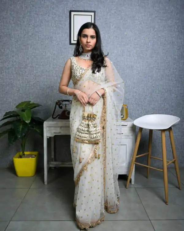 Majestic White Color Nylon Butterfly Net Sequence Thread Saree