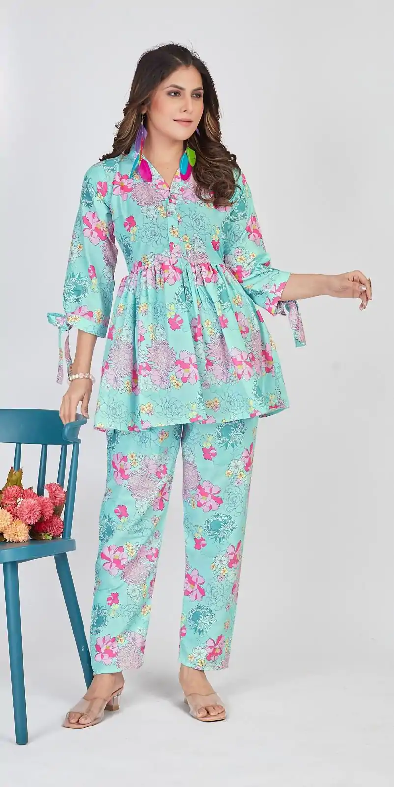 Mesmerizing Blue Color Soft Poly Linen Print Work Kurti