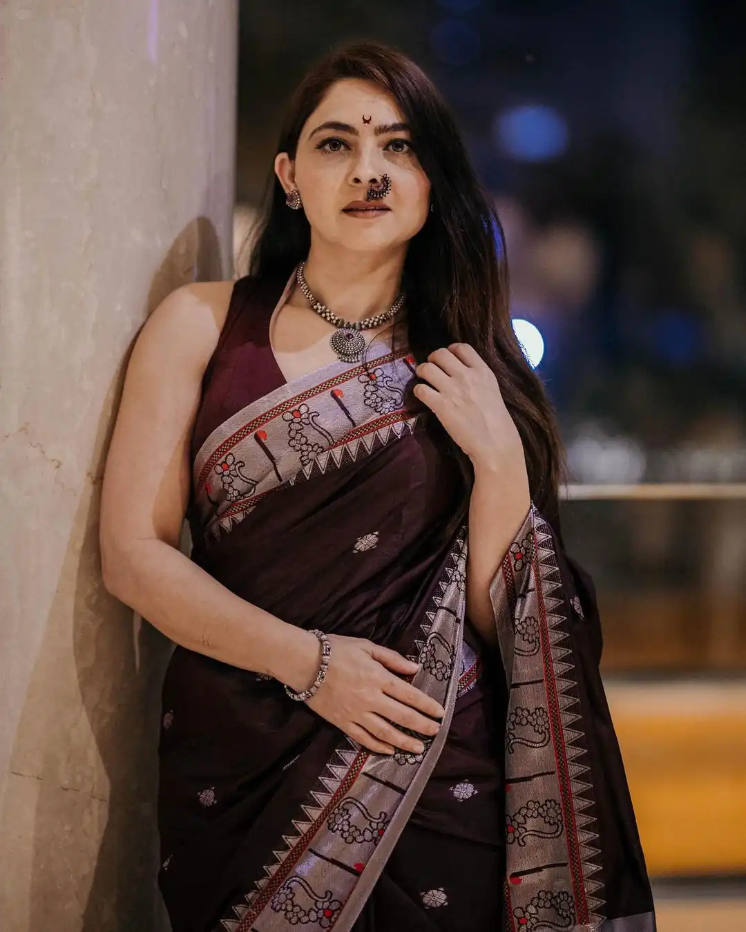 Mesmerizing Coffee Color Soft Lichi Silk Silver Zari Design Saree - Image 4