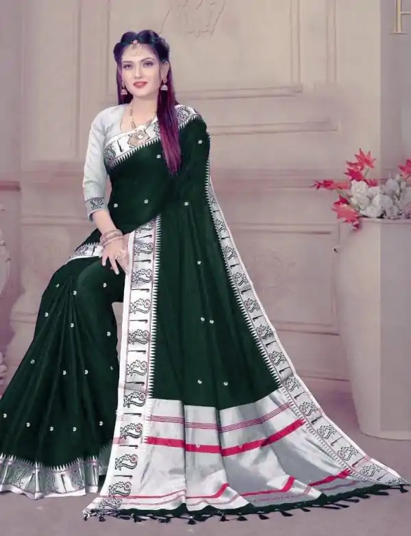 Mesmerizing Green Color Soft Lichi Silk Silver Zari Design Saree