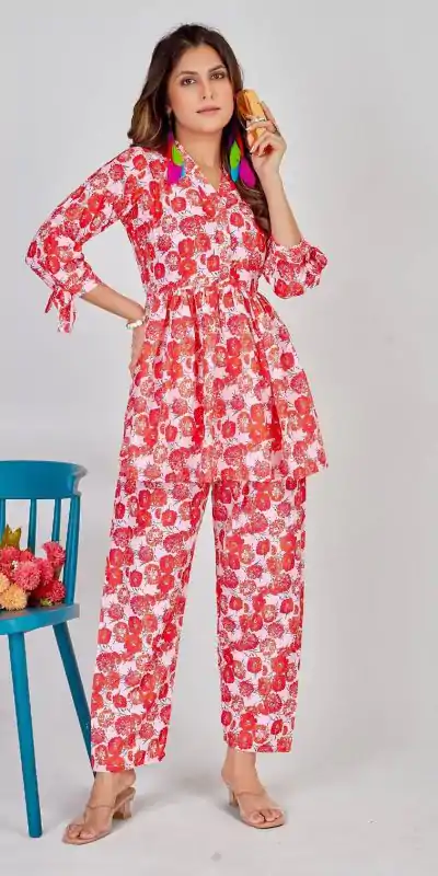 Mesmerizing Red Color Soft Poly Linen Print Work Kurti