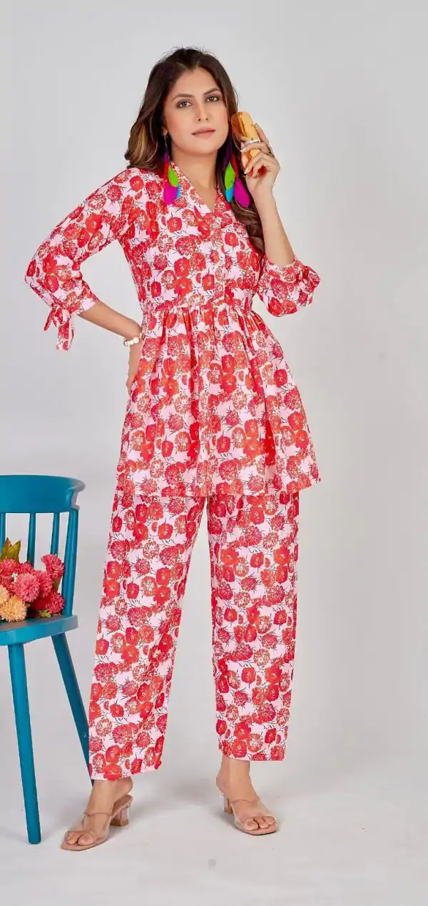Mesmerizing Red Color Soft Poly Linen Print Work Kurti