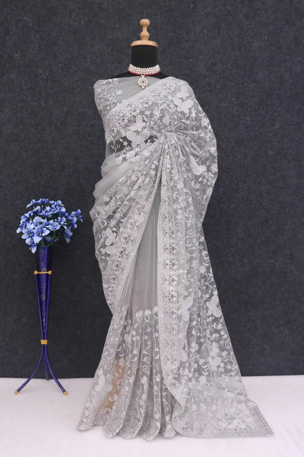 Mystical Blue Color Butterfly Net Embroidery Sequence Saree - Image 3