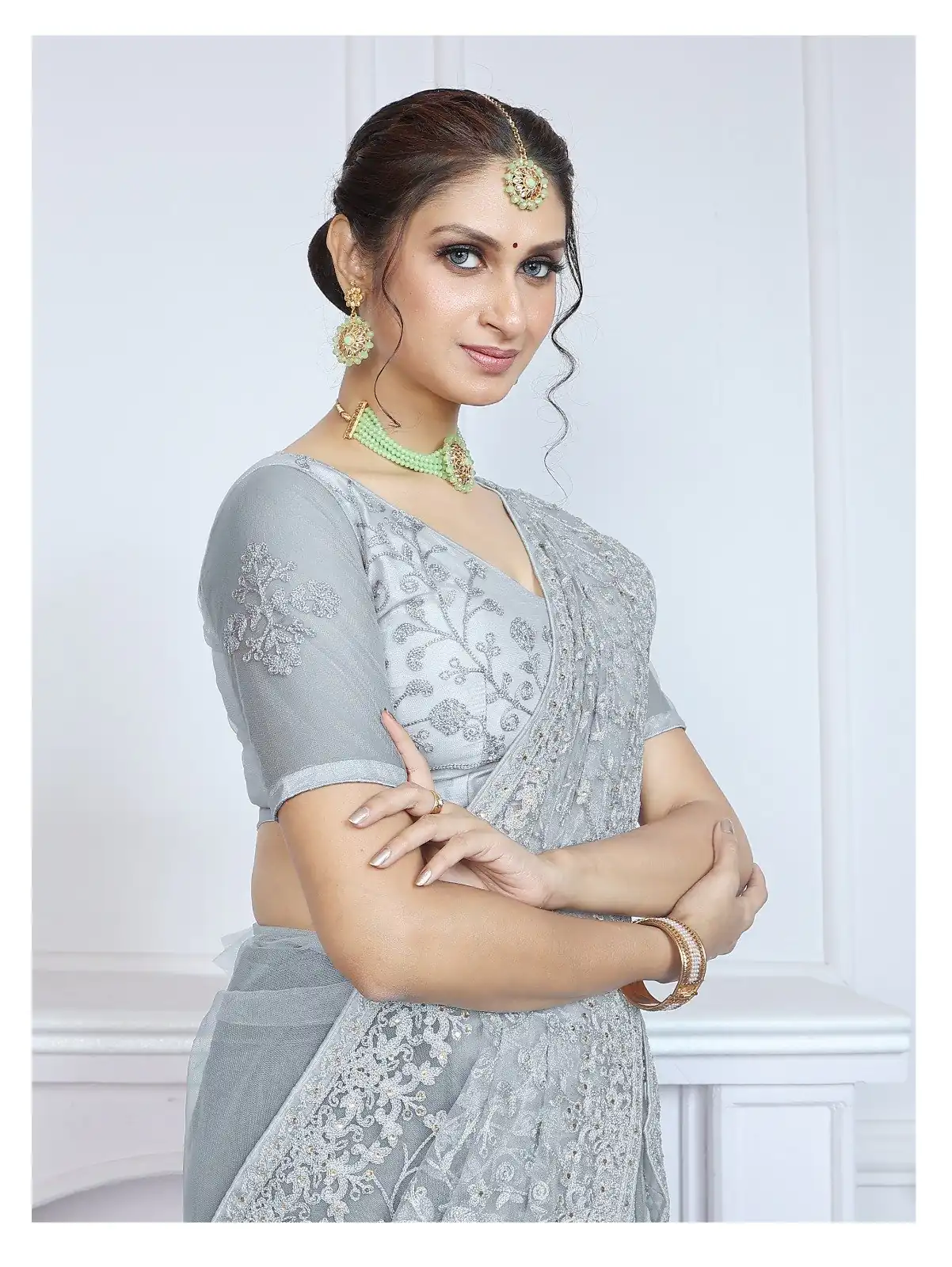 Mystical Blue Color Butterfly Net Embroidery Sequence Saree - Image 2
