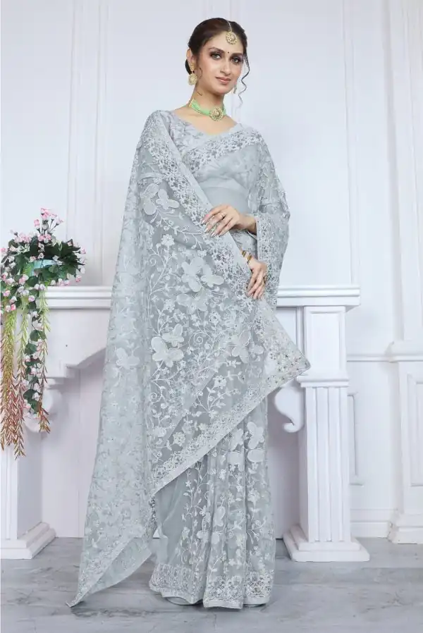 Mystical Blue Color Butterfly Net Embroidery Sequence Saree