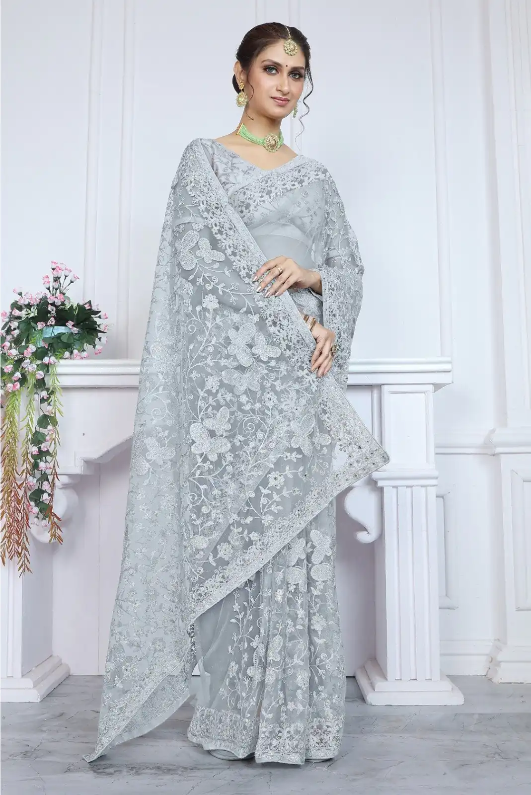 Mystical Blue Color Butterfly Net Embroidery Sequence Saree