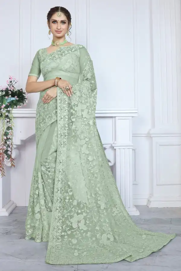 Mystical Green Color Butterfly Net Embroidery Sequence Saree