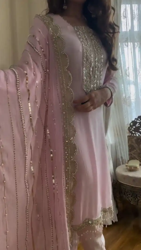 Nice Baby Pink Georgette Embroidery Diamond Handwork Salwar Suit