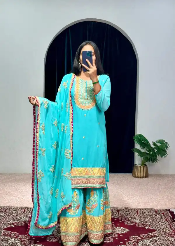 Nice Blue Color Georgette Embroidery Stone & Mirror Salwar Suit