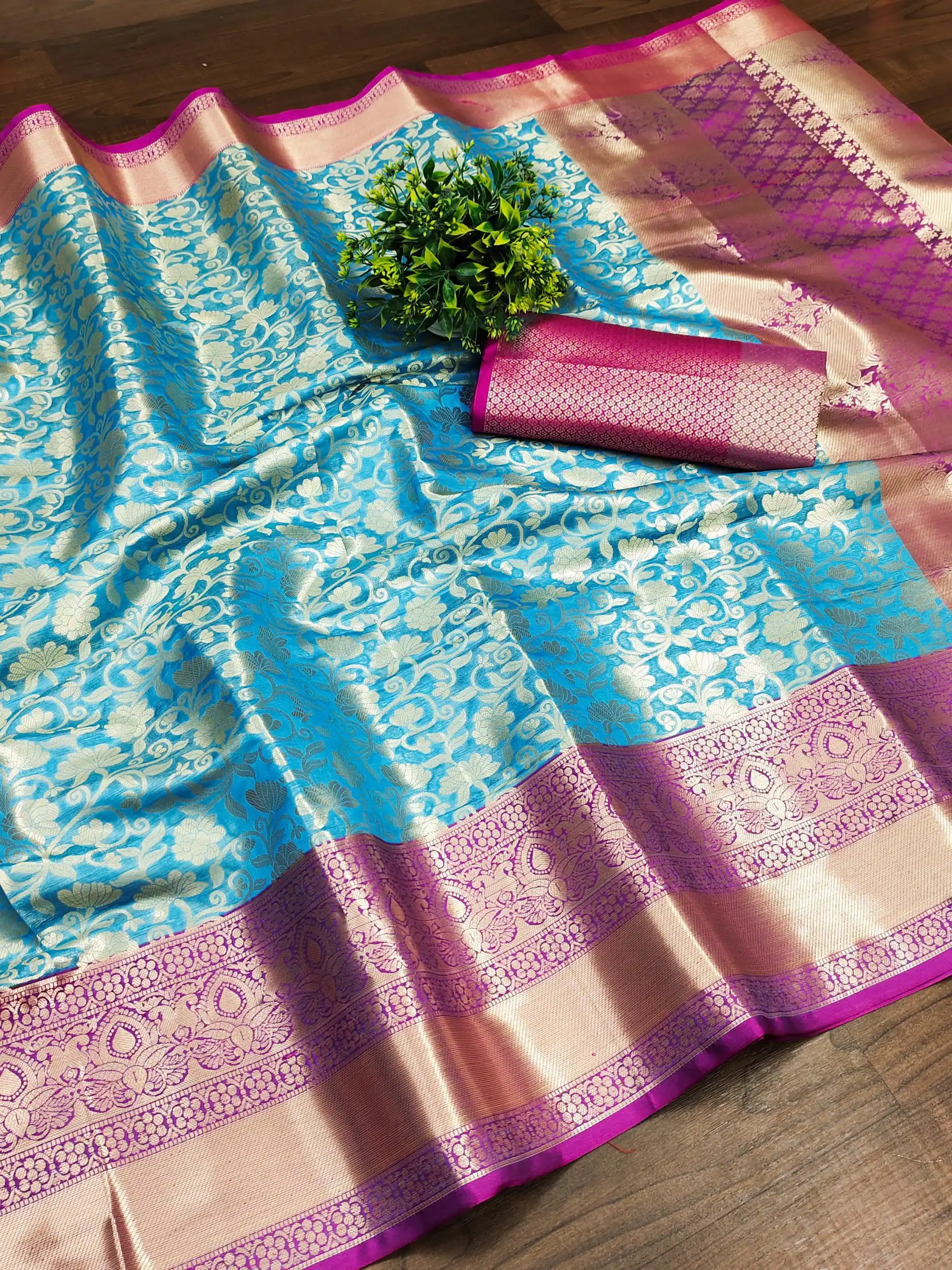 Nice Blue Soft Organic Banarasi Silk Gold Zari Weaving Saree