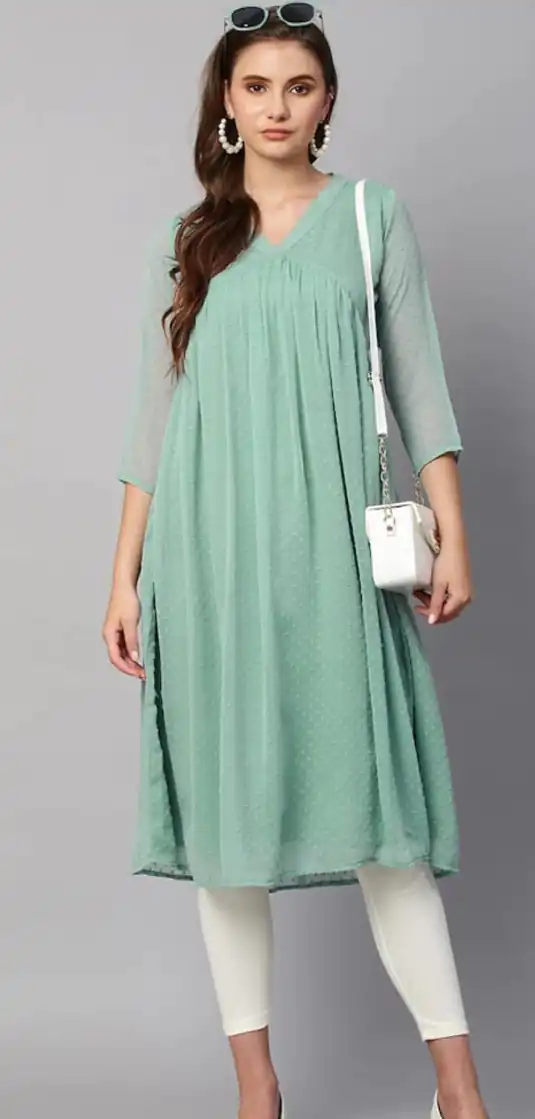 Nice Light Green Color Chiffon V-Neck Gathered Midi Kurti