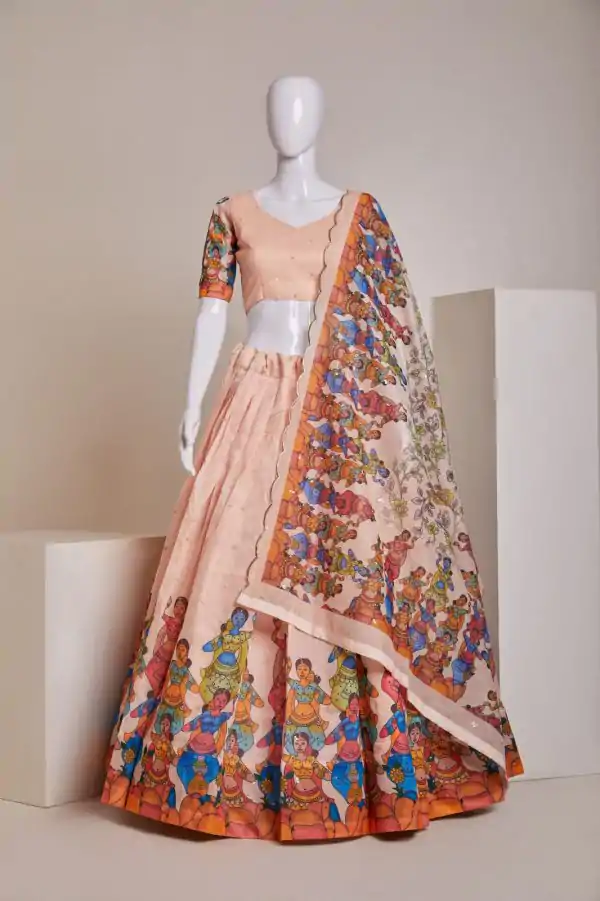 Nice Peach Silk Embroidery Sequins Amazing Print Lehenga Choli