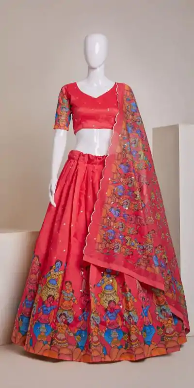 Nice Red Silk Embroidery Sequins Amazing Print Lehenga Choli