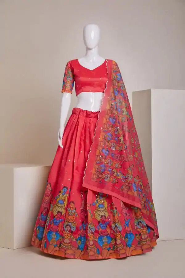Nice Red Silk Embroidery Sequins Amazing Print Lehenga Choli