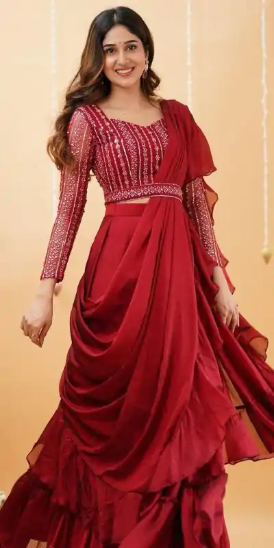 Nice Red Georgette Ruffle Blouse Embroidery Lehenga Saree