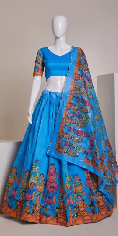 Nice Sky Blue Silk Embroidery Sequins Amazing Print Lehenga Choli