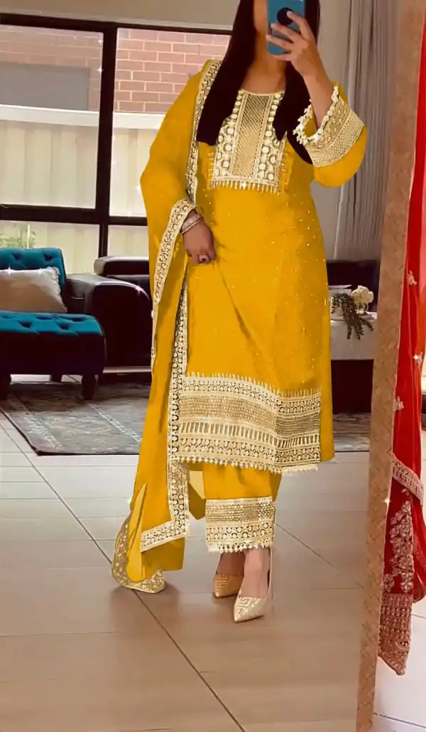 Nice Yellow Color Chinnon Silk Embroidery Sequence Salwar Suit