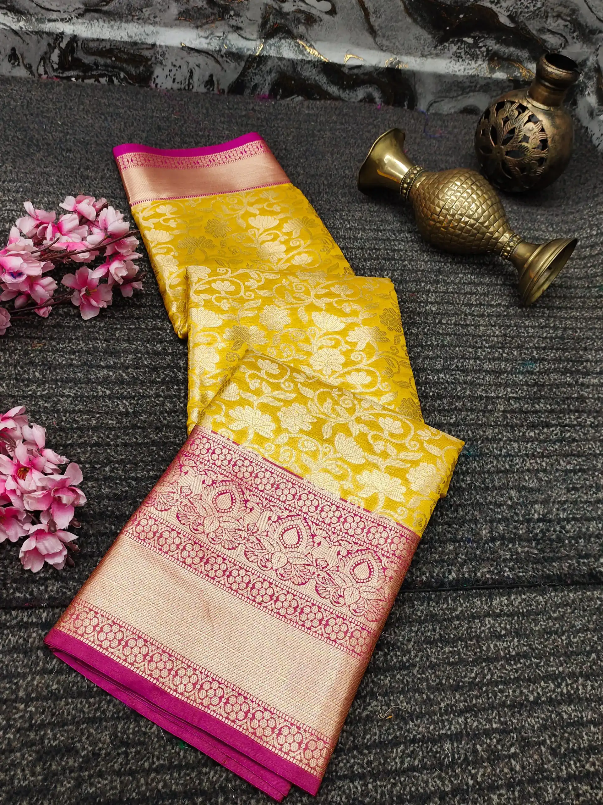 Nice Yellow Soft Organic Banarasi Silk Gold Zari Weaving Saree - Image 2