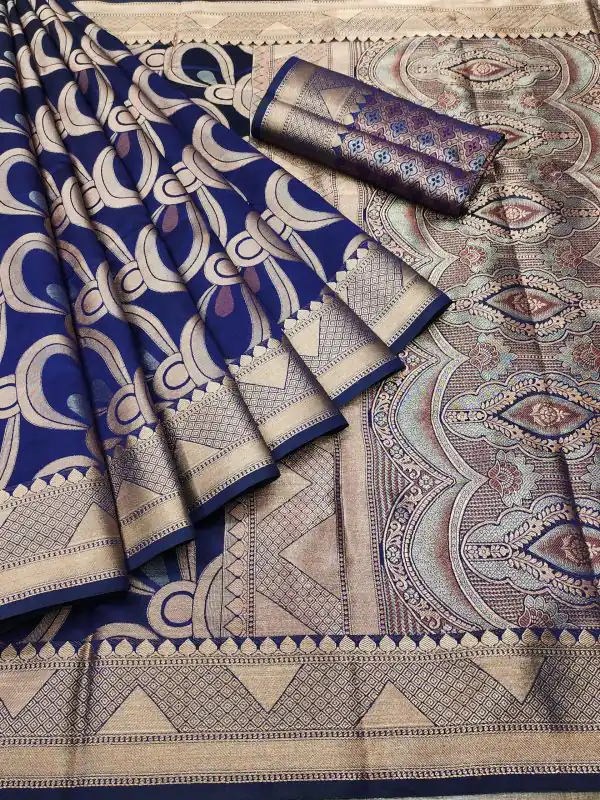 Peaceful Blue Color Soft Lichi Silk Beautiful Cooper Zari Saree