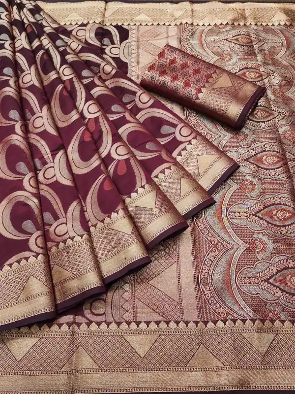 Peaceful Maroon Color Soft Lichi Silk Beautiful Cooper Zari Saree