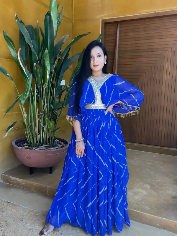 Peaceful Royal Blue Color Fox Georgette Embroidery Lace Gown