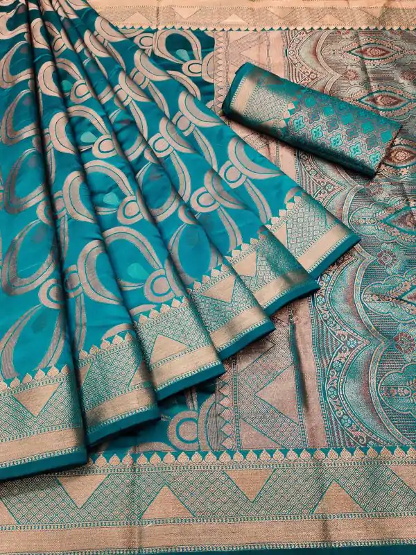 Peaceful Sky Blue Color Soft Lichi Silk Beautiful Cooper Zari Saree
