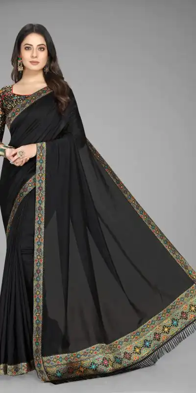 Perfect Black Color Vichitra Silk Rich Pallu Jacquard Border Saree