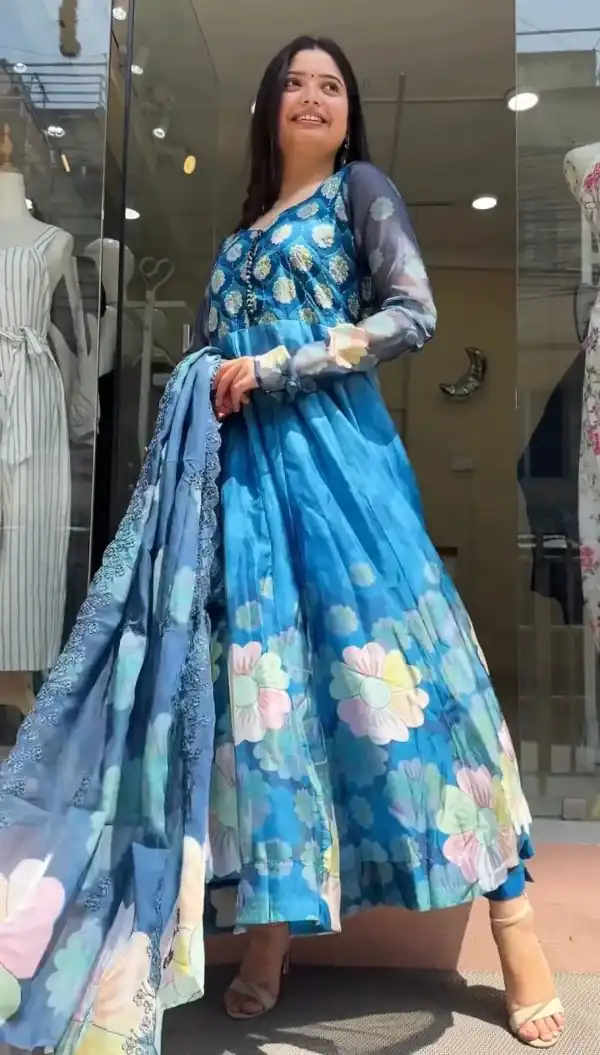 Perfect Blue Color Tabby Silk Embroidery Digital Print Salwar Suit