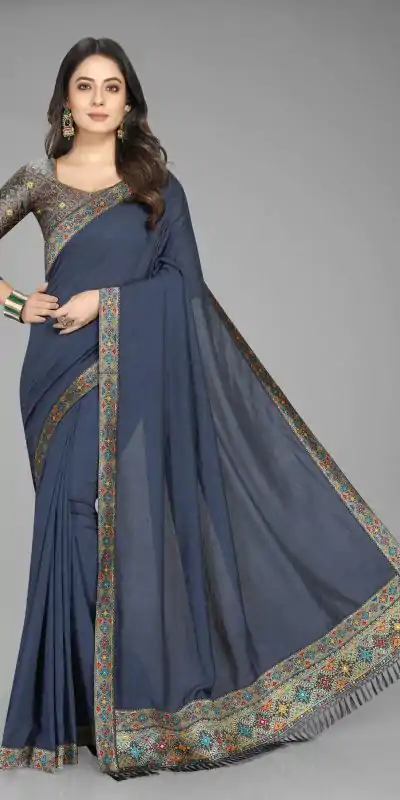 Perfect Blue Color Vichitra Silk Rich Pallu Jacquard Border Saree