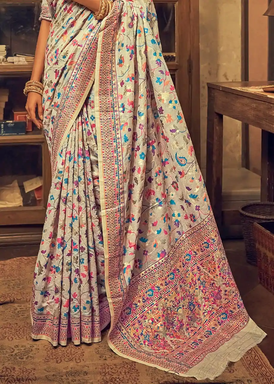 Perfect Cream Color Kashmiri Running Thread Zari Work Saree - Image 2