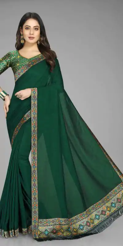 Perfect Green Color Vichitra Silk Rich Pallu Jacquard Border Saree