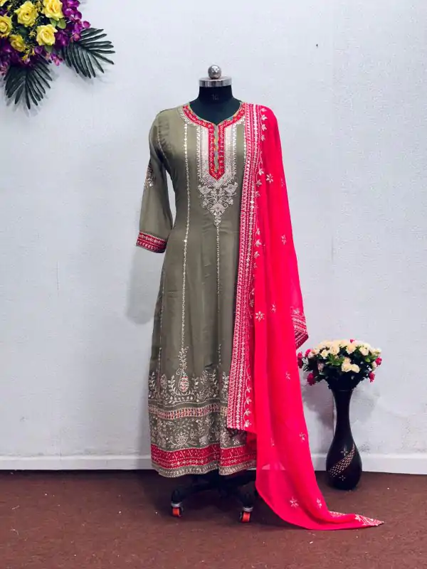 Perfect Grey Color Georgette Embroidered Sequence Salwar Suit