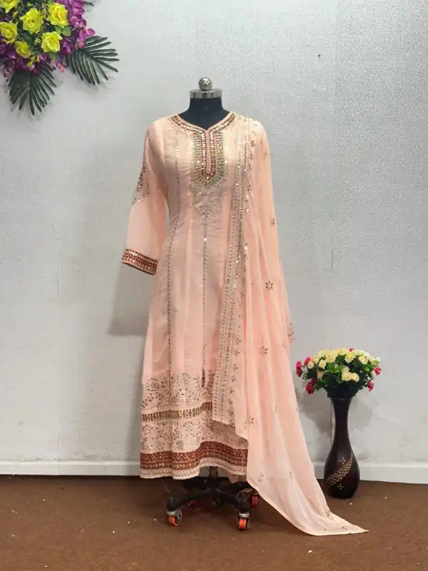 Perfect Light Peach Color Georgette Embroidered Salwar Suit