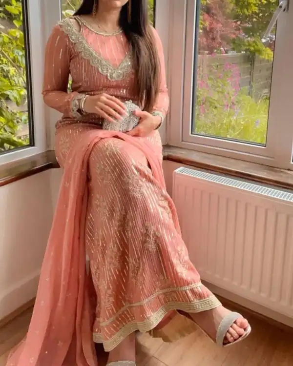 Perfect Peach Color Georgette Thread And Sequence Salwar Suit